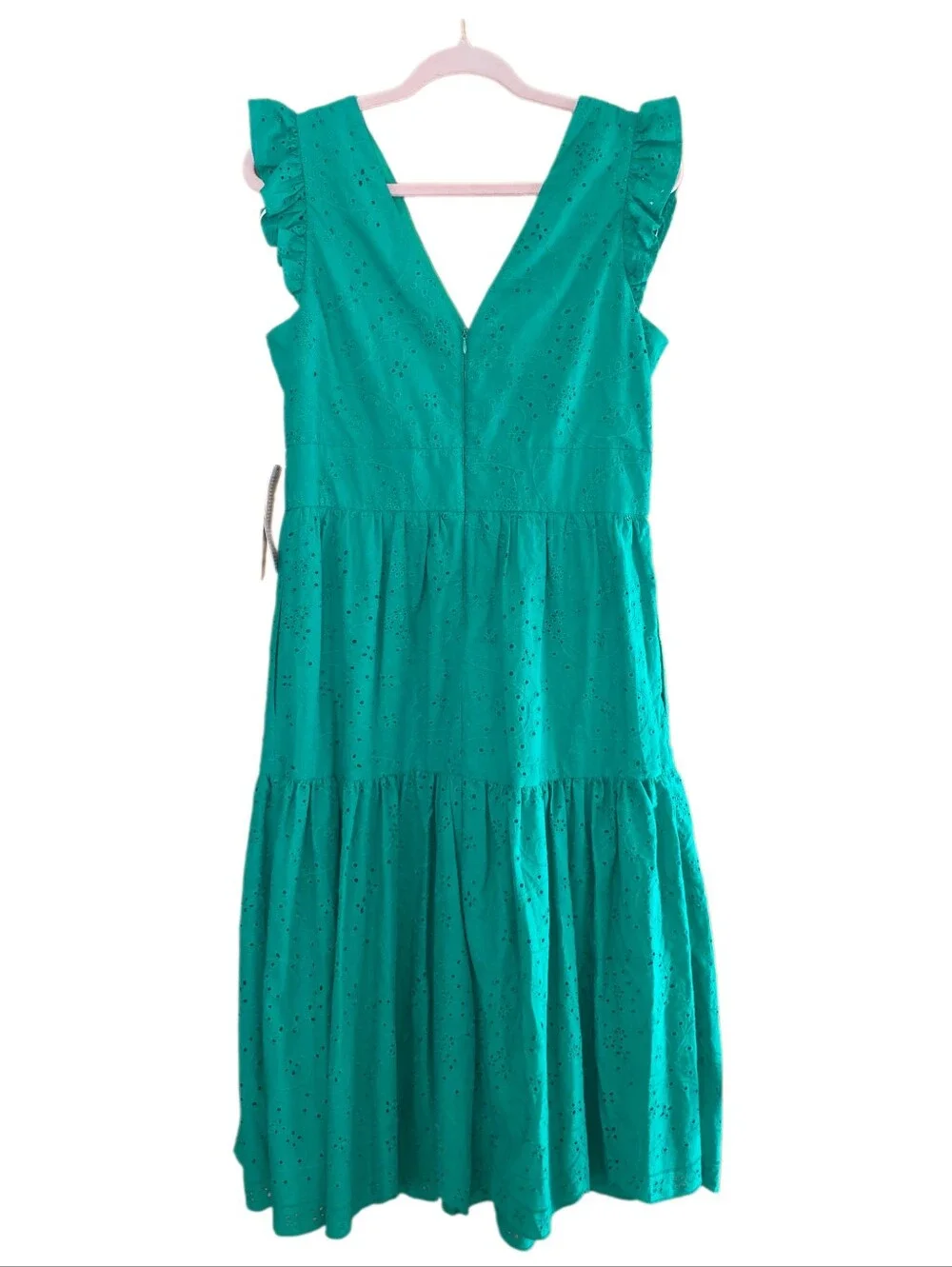 Maggie London Green Eyelet Ruffle Sleeve V-Neck Dress.